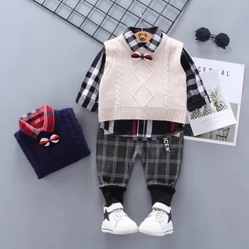 

2020 kids suit spring and autumn new vest plaid shirt long sleeve trousers three-piece