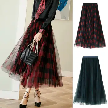 

Female Pleated Skirt Womens Summer able Plaid Ball Gown Maxi Skirt High Waisted