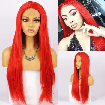 

AIMEYA Hot Red Long Silky Straight Synthetic Lace Front Wig for Women With Middle Parting Cosplay Wigs Heat Resistant Fiber