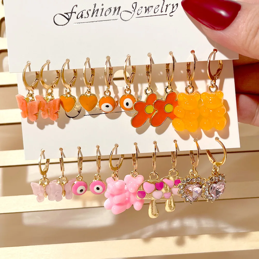 Flatfoosie 5Pair Pink Blue Heart Butterfly Drop Earrings Set For Women Boho Cute Star Moon Eye Dangle Earring 2022 Trend Jewelry