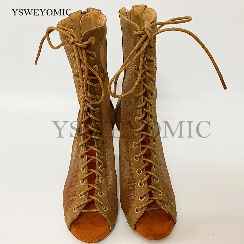 Training Latin Salsa Women Dance Shoes High Heel Darker Khaki Color Mesh Soft Comfortable Dancing Shoes Dance Boots For Girls