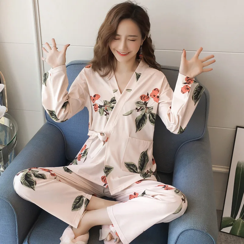 

Spring New Style Japanese Style Kimono Pajamas Women's Spring And Autumn Long Sleeve Homewear Set 200g Qmilch