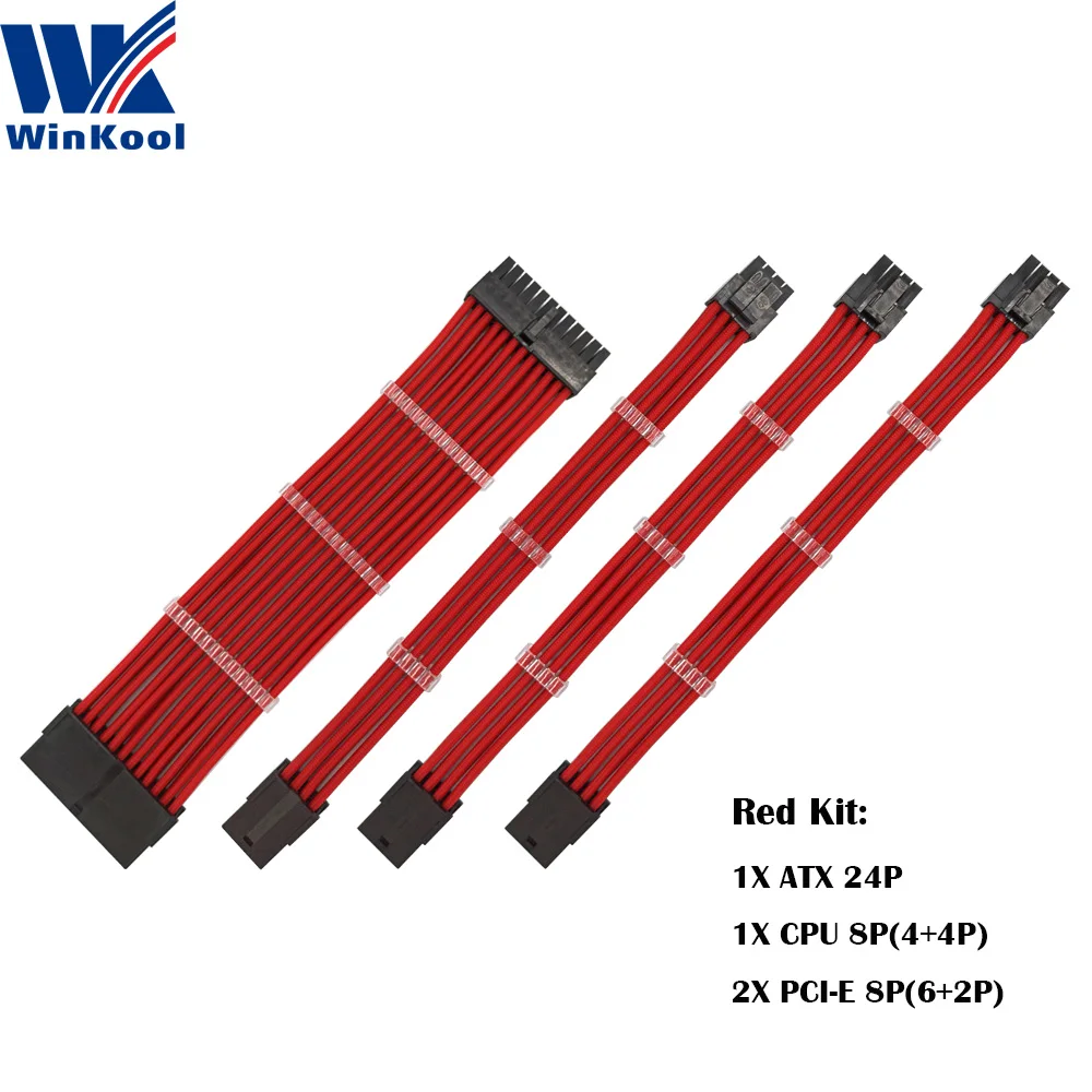 Psu extension cable WinKool female to male 18AWG sleeved PSU extension power cord cable kits 1X ATX 24P CPU 8Pin 2X PCI-E 8P