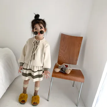 

2020 Autumn New Korean Girls College Style Sweater Set Baby Girl Round Neck Sweaters Pleated Skirt Two-Piece Set Kids Suits