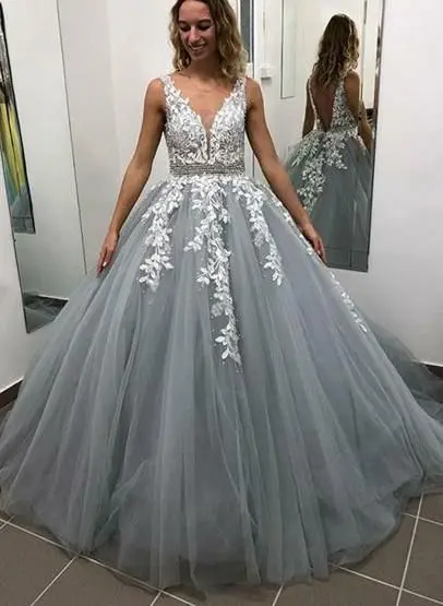 

Beautiful Tulle Prom Dresses Long Appliqued Lace Evening Party Gowns Backless V-neck vestidos de fiesta largos elegantes de gala
