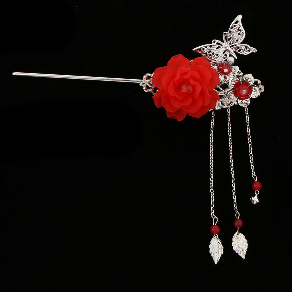 Retro Floral Metal Hair Stick Pin Tassel Chignon Geisha Kimono Cosplay Headwear