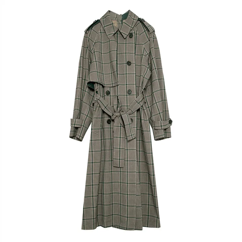 Blackish green Plaid 2019New поступление осеннее женское винтажное черно-зеленое клетчатое повседневное Свободное длинное женское пальто с поясом Дамская официальная верхняя одежда пальто - Цвет: Blackish green Plaid