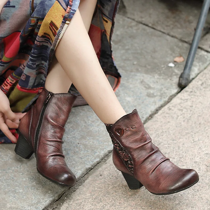 

2019 New Vintage Winter Handmade Comfortable Embossed Zipper Ankle Boots Botas Mujer