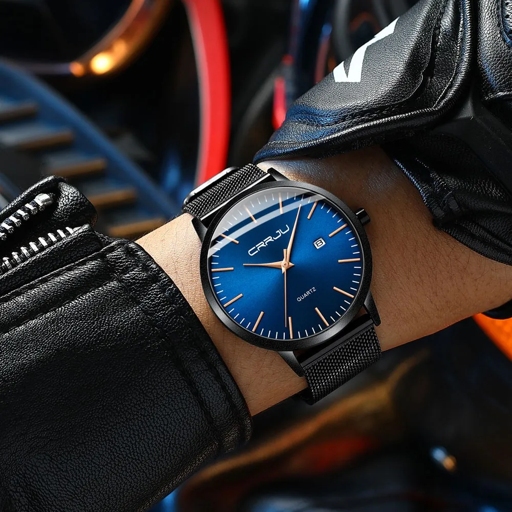CRRJU Fashion Mens Watches Ultra Thin Quartz Watch Men Casual Slim Mesh Steel Waterproof Sport Watch Black Relogio Masculino