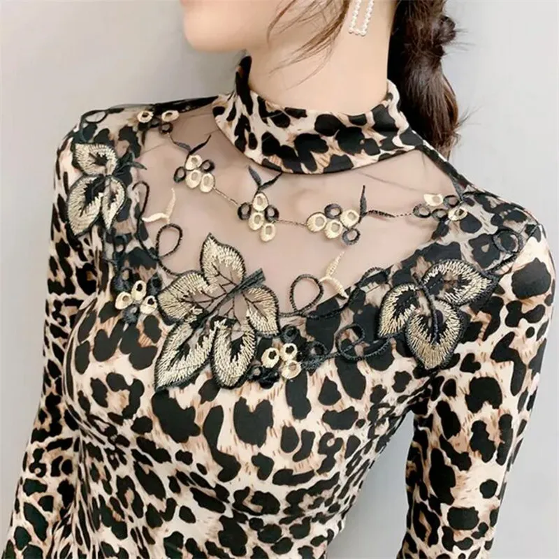Women's Leopard print bottoming Shirts plus velvet ladies blouses long-sleeved lace embroidery blouse for women soft tops 2020 - Image 6