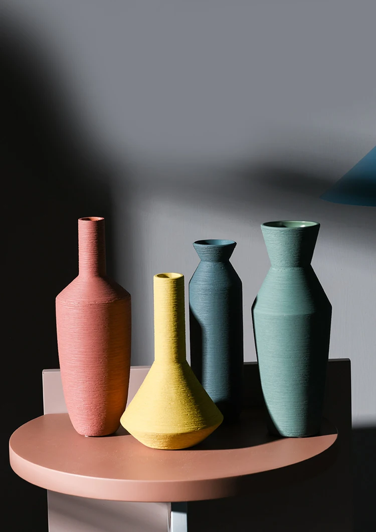 Nordic Keramik Buatan Tangan Garis Tekstur Vas Kerajinan Tanaman Bunga Model Kantor Dekorasi Kamar Rumah Dekorasi Aksesoris Modern