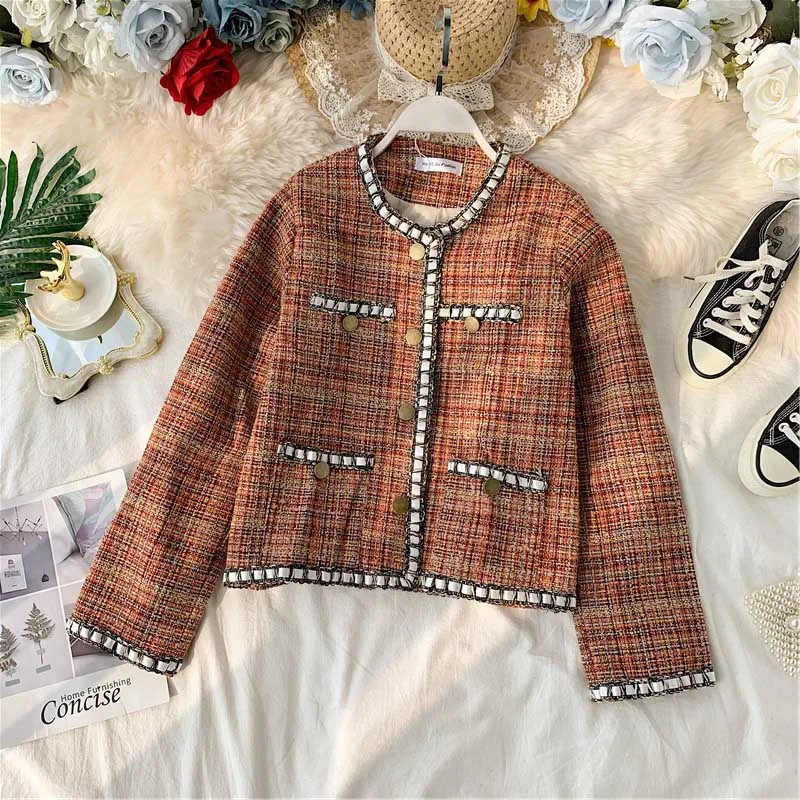 

Luxury Jacket for Women Fashion Vintage O Neck Single Breasted Plaid Tweed Tassel Handwork Loose Short Coat
