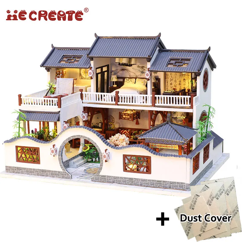 IiE создать кукольный домик мебель китайский стиль деревянный Миниатюрный Кукольный дом Diy игрушки для детей с Светильник лампы Рождественский подарок - Цвет: K049 with dust cover
