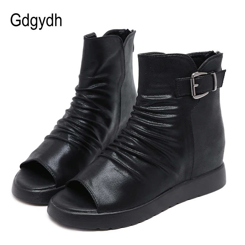 

Gdgydh 2020 Spring Shoes Women Peep Toe Fashion Buckle Height Increasing Ankle Boots Pleated Sexy Black European Shoes Back Zip
