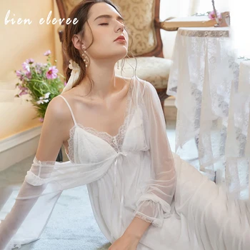 

Women Nightgown Lace Sexy Sleep Dress Woman Vintage Sleepwear Long Sleeve Long Nightwear Sexy Sleeping Home Dress Lingeries
