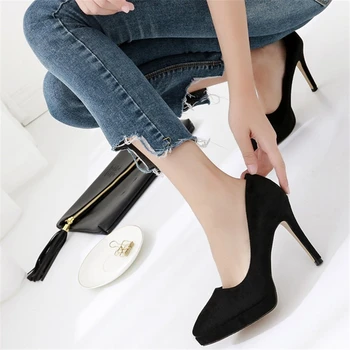 

JIANBUDAN Elegant women's business office shoes sexy Thin Heels Flock banquet shoes 10cm high heel Pumps shallow wedding shoes