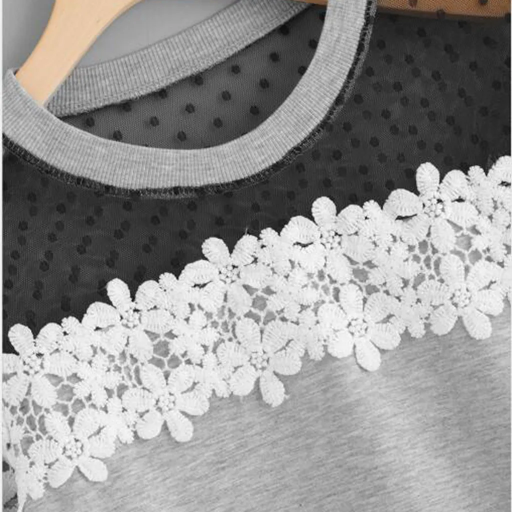 JAYCOSIN элегантная Кружевная аппликация с коротким рукавом Толстовка женские топы Повседневная мода круглый вырез Толстовка Повседневная осень зима