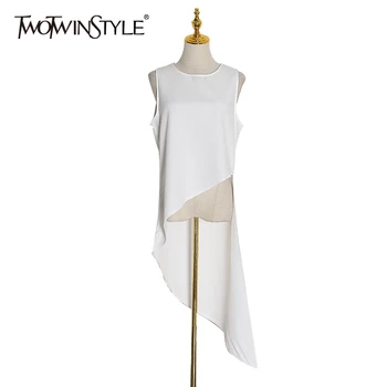 

TWOTWINSTYLE Casual Chiffon Irregular Shirt Women O Neck Sleeveless Loose Asymmetrical Blouses Female Fashion Clothing 2020 Tide
