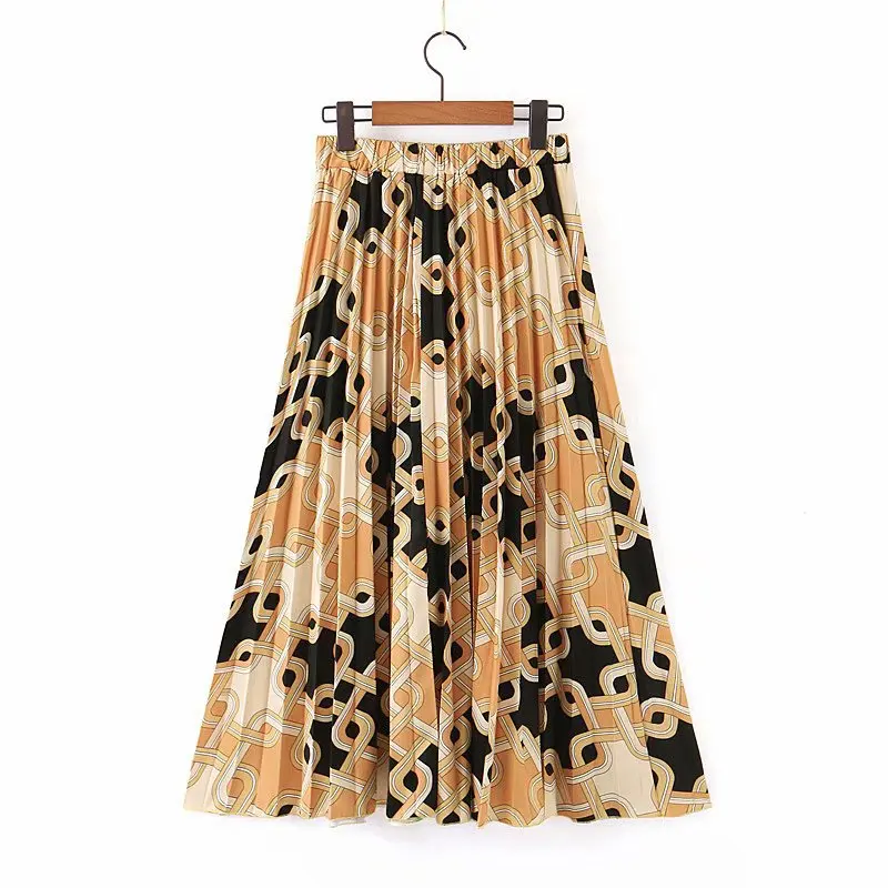 

Europe And America WOMEN'S Dress Summer New Style Fashion Elastic Waist Vintage Printed Pleated Skirt Mid-length Skirt WOMEN'S D