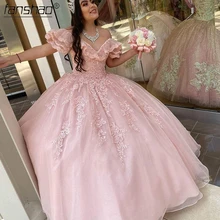 

Fanshao Lovely Pink Quinceanera Dresses Glitter Off The Shoulder Short Sleeve Appliques Rhinestone For15 Girls Ball Party Gowns