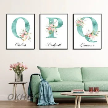 

Customized Baby Name Personality Pink Flower Green Letters Minimalist Canvas Painting Family Custom Picture On The Wall Decor