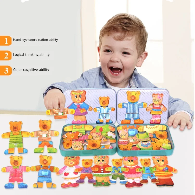 Children's wooden toy tin box magnetic bear daddy bear mother diy change clothes game puzzle early education cognitive gift