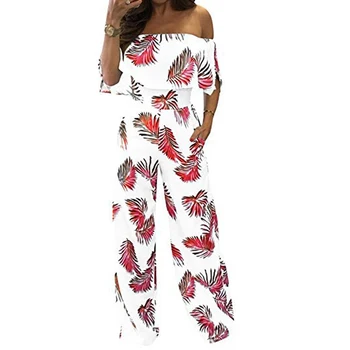 

Sexy Off Shoulder Jumpsuit Women Leaf Print Strapless Rompers Beach Bohemian Jumpsuits Wide Long Pants Female Overall