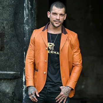 

Personality Chic Neckline Pockets Mens Slim Jackets Genuine Leather Long Sleeve Single Breasted Sheepskin Short Coats Plus Size