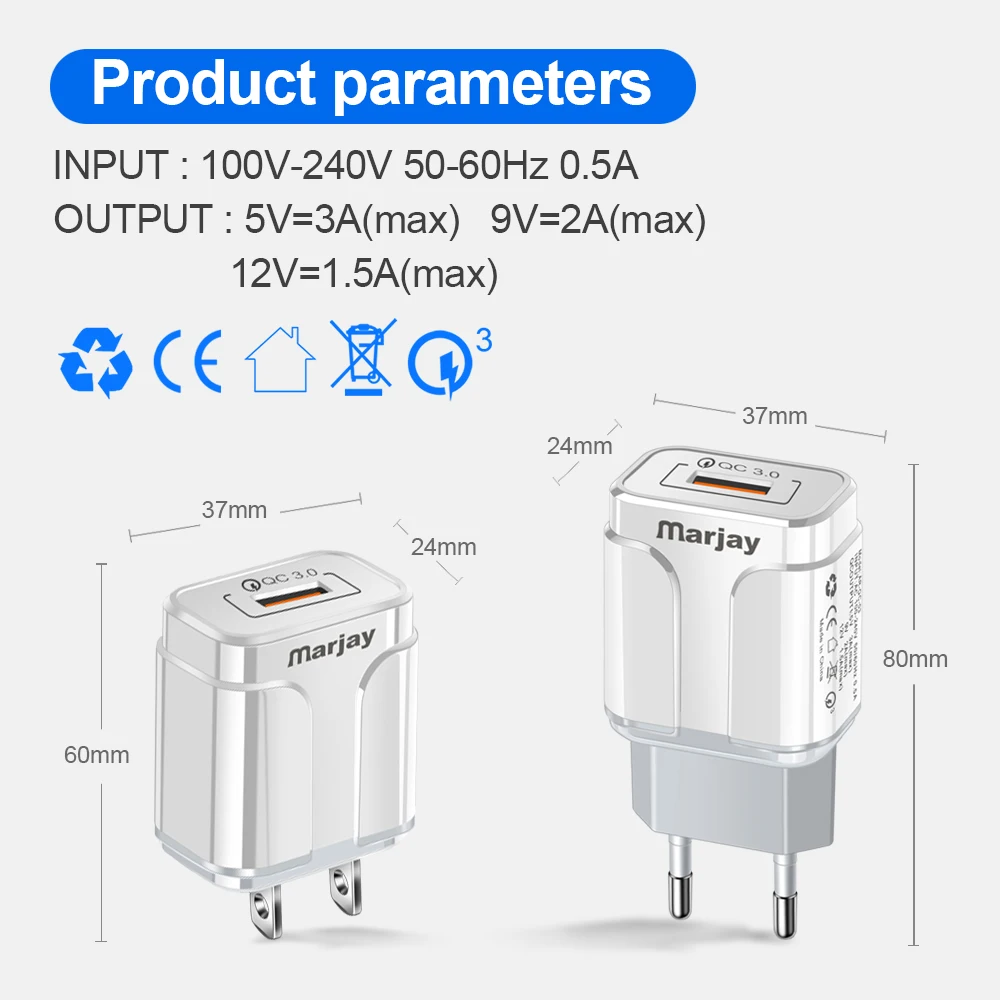 Marjay 18 Вт Quick Charge 3,0 USB Зарядное устройство ЕС штекер Адаптер быстрой Зарядное устройство для iPhone samsung S10 Xiaomi USB настенный мобильного телефона