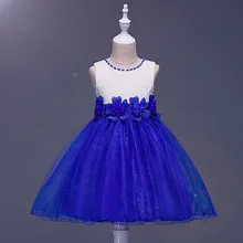 Детское праздничное платье для девочек от 3 до 14 лет, без рукавов, с цветочным узором, бисером, голубого цвета, цвета шампанского, красного цвета, Сетчатое белое кружевное платье Одежда для девочек, 1A8D