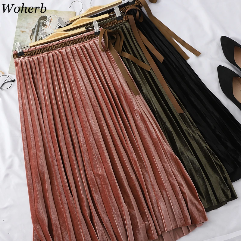 

Woherb Pleated Skirts Women Spring Autumn High Waist Faldas Mujer Moda 2019 Plus Size Jupe Femme Vintage Velvet Ladies Skirt