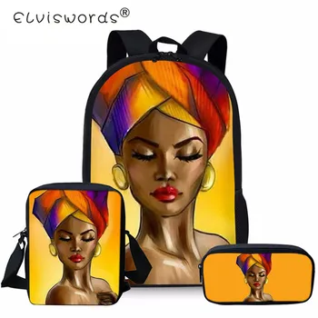

ELVISWORDS 3PC/Set Black Art African Girl Schoolbag For Girls Backpack Kids Orthopedic Backpacks School Backpacks Teenagers Bag