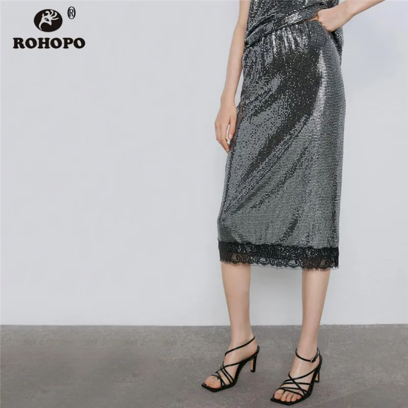 

ROHOPO High Waist Sequined Polk Dot Trimmed Lace Midi Skirt Ladies Sexy Party Shine Metalic Sheen Straight Falda #9615