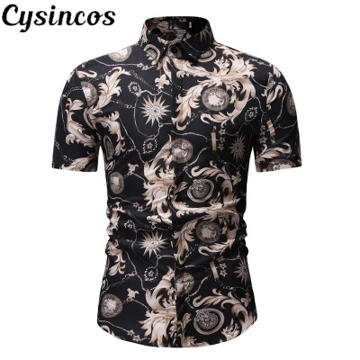 

CYSINCOS 2019 Men's Shirt Slim fit Flower Printed Shirts Male Short Sleeve Floral Mens Basic Tops Casual Plus Size Man Shirts