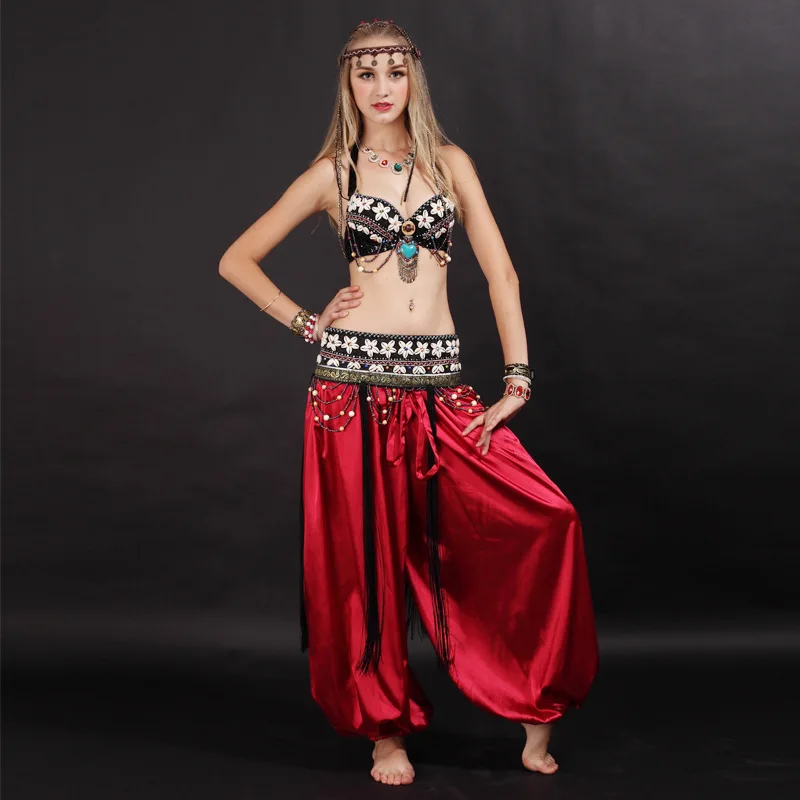 Size S-XL Dance Beaded Outfit 2 pieces Bra and Belt Tribal Belly Dance  Costume Set Shells Top Jewelry Accents ATS Fringes Belts