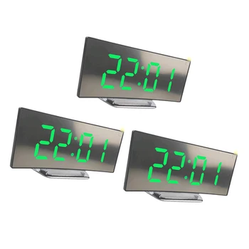 

3pcs Table Alarm Clock LED Digital Mirror Surface Clock Easy to Read-Green
