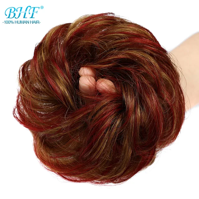 BHF-moño de cabello humano 100% cosido, mechones de pelo rizado desordenado, una pieza de cabello, peluca, máquina Remy, cabello ondulado europeo