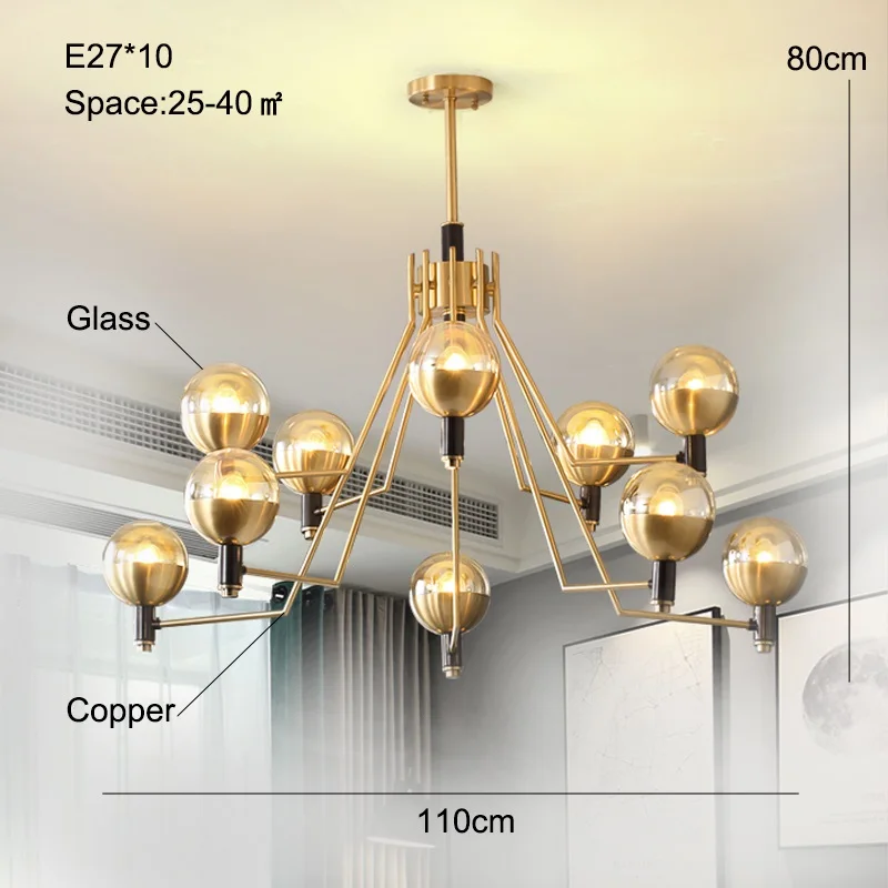 Медная люстра потолочная в гостиную Латунный канделябр для гостиной современная люстра в спальню светодиодная люстра из меди потолочная люстра современный салон подвесная лампа для кухни - Цвет абажура: E27x10 110x80cm