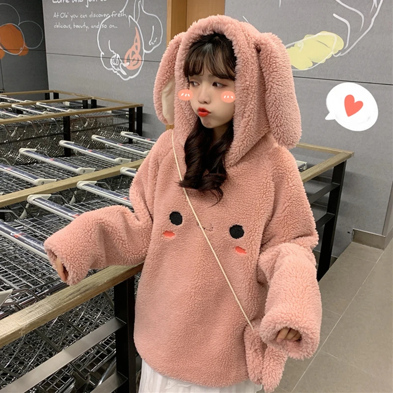 Pink Зимняя Милая свободная толстовка с капюшоном с заячьими ушками плюс бархатная плотная Студенческая кофта с имитацией овечьей шерсти Женская милая Толстовка - Цвет: Pink