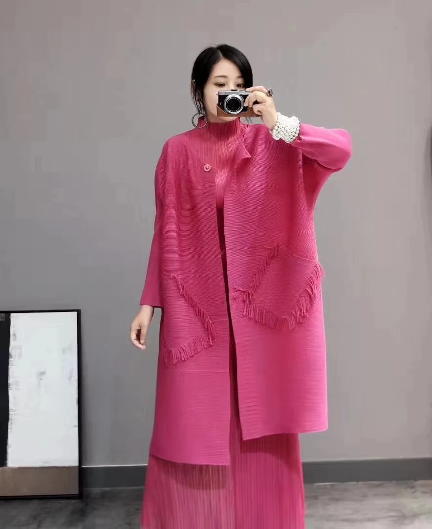 

HOT SELLING Startlingly tassel pockets miyake women's top medium-long cardigan solid pleated outerwear IN STOCK