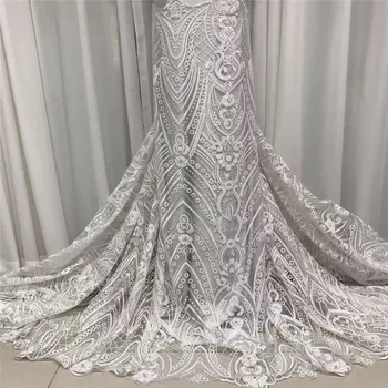 

Latest White 2020 High Quality African Guipure French Sequins Net Lace Fabric With Beads Nigerian Tulle Net Embroidery For Party