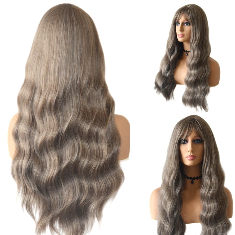 ZANGXI WIGS Flax Gray Wave Cosplay Wig With Bangs For Women Long Hair Layered Heat Resistant Party Synthetic |