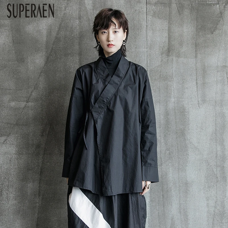 SuperAen 2019, осенние новые женские рубашки, сплошной цвет, хлопок, женские блузки и топы, китайский стиль, с длинным рукавом, женская одежда