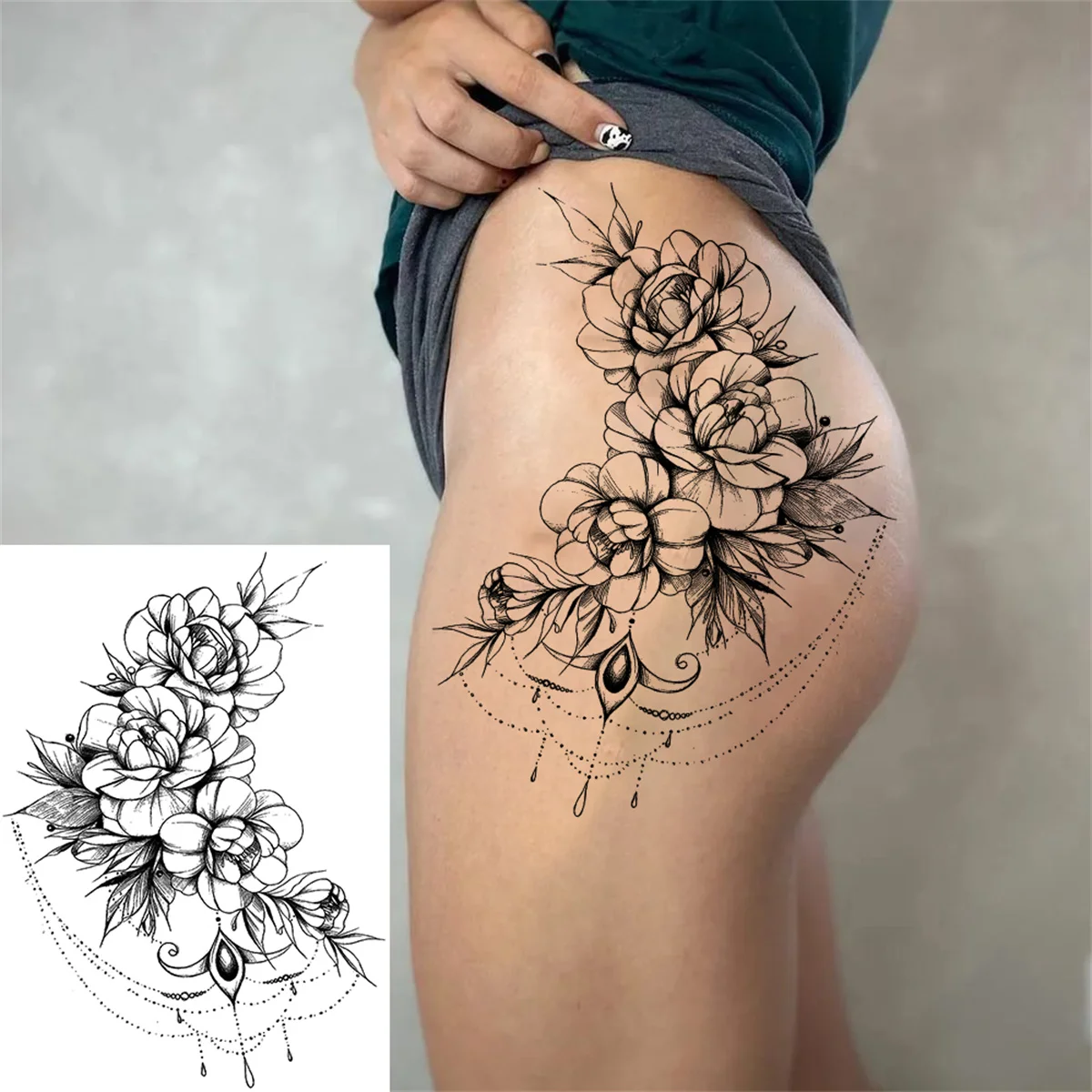 Tatuaggi temporanei con fiori pendenti per donne Adesivo per tatuaggi con  gioielli finti per adulti Peonia Nero Henné Luna Grande coscia Tatoo  impermeabile - AliExpress, image size:1200x1200