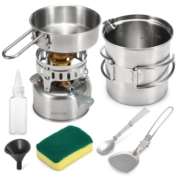 

Lixada Camping Cookware Mess Kit with Gasoline Stove Cooking Pot Pan Spork Scoop Cleaning Sponge Oil Bottle Funnel