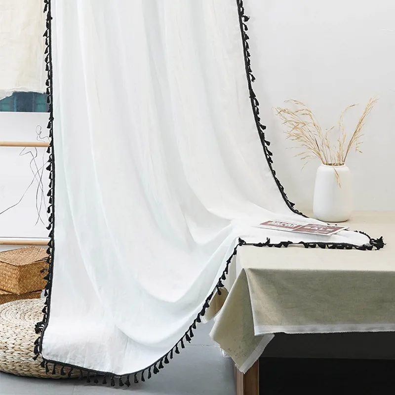 Modern Farmhouse Curtains Boho Cotton Linen Embroidery Tassel Window