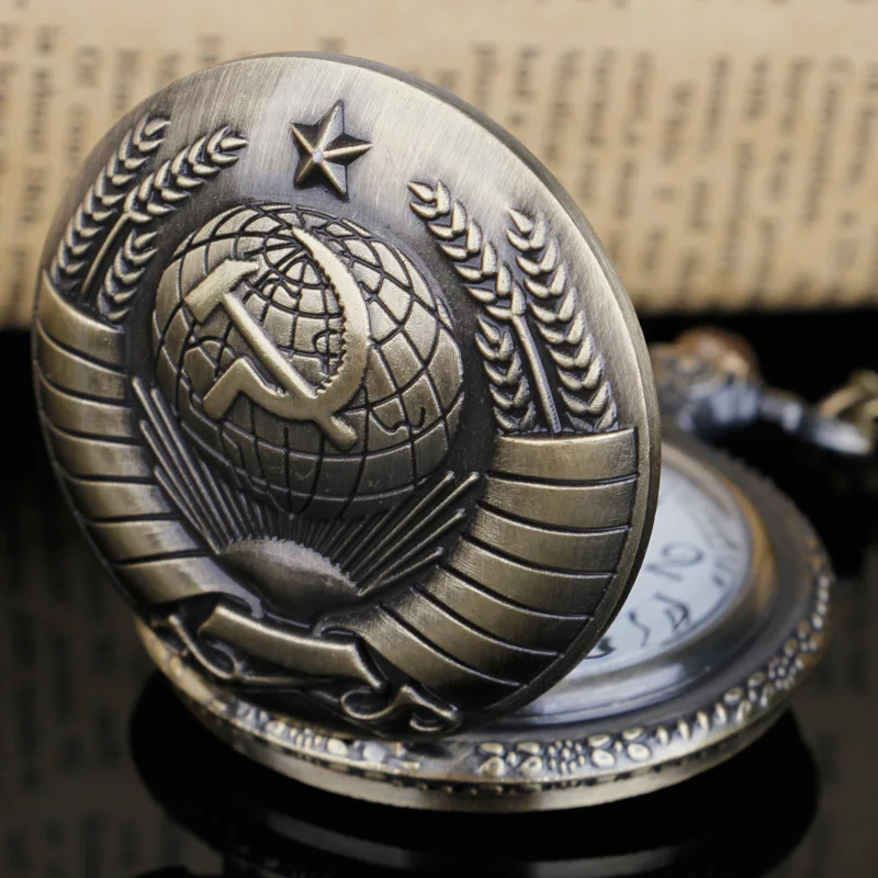 

USSR Emblem Soviet Badges Sickle Hammer Russia Army Pocket Watch Gold Necklace Pendant Chain Clock Communism Men Women