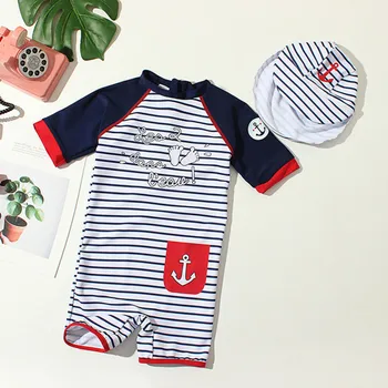 

Boy's Navy Strip Swimsuit Children's Anchor Pocket swimsuit Kid's Baby Boy bathing suit foot print with hat 2020 new YZN20009