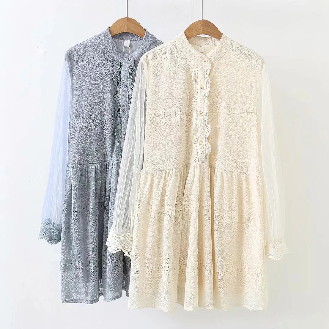 

102-726 wang sha xiu Joint Lace Dress Apricot And Blue