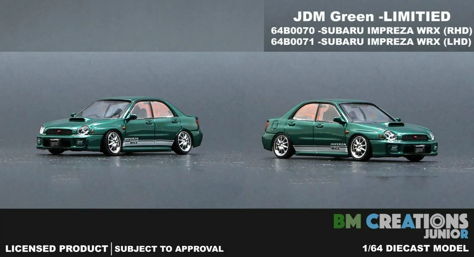 

New 1/64 Scale 2001 Impreza WRX Custom Green Miniature Car by BM Creations JUNIOR Diecast toys 3 inches For Collection